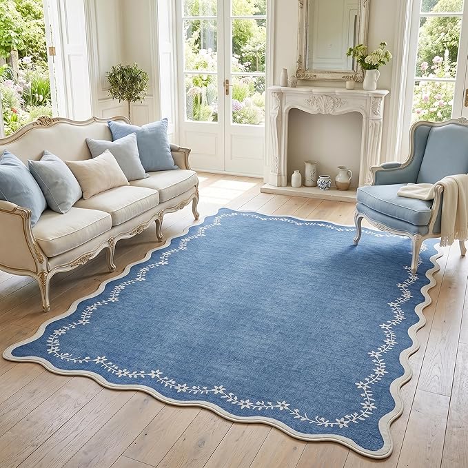 GarveeHome 5x7 Scalloped Area Rug Navy Blue Washable Rugs for Living Room Bedroom, Soft Low Pile Non Slip Accent Floor Mat Solid Floral Print Throw Rug Indoor Carpet for Dorm Playroom