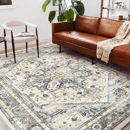 CHAMPLANT Washable Area Rug 8'x10' Cyan Khaki Retro Boho Design Non-Shedding Non-Slip Easy Care Ideal for High Traffic Areas in Living Room Bedroom Office Coffee Table Kitchen Large Carpet