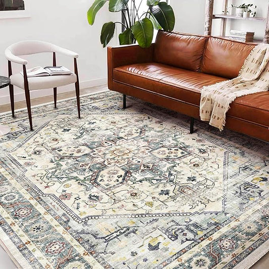 CHAMPLANT Washable Area Rug 8'x10' Cyan Khaki Retro Boho Design Non-Shedding Non-Slip Easy Care Ideal for High Traffic Areas in Living Room Bedroom Office Coffee Table Kitchen Large Carpet