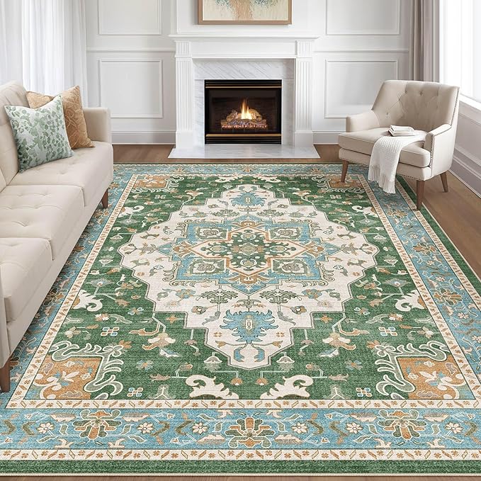 8x10 Area Rugs Living Room: Washable Boho Large Neutral Vintage Soft Rug Stain Resistant Farmhouse Non-Slip Indoor Floor Retro Carpet for Bedroom Nursery Kids Office Dining Room- Green Multi