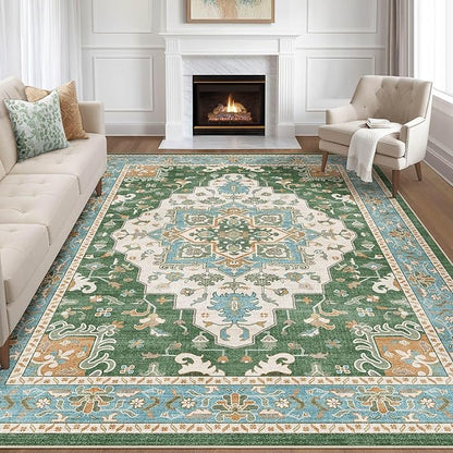 8x10 Area Rugs Living Room: Washable Boho Large Neutral Vintage Soft Rug Stain Resistant Farmhouse Non-Slip Indoor Floor Retro Carpet for Bedroom Nursery Kids Office Dining Room- Green Multi