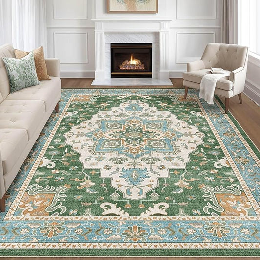 7x9 Area Rug Living Room: Washable Boho Large Neutral Vintage Soft Rug Stain Resistant Farmhouse Non-Slip Indoor Floor Retro Carpet for Bedroom Nursery Kids Office Dining Room- Green Multi