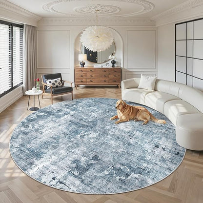 Soalmost 9x9 Blue/Grey Round Rug 9ft Living Room Circle Rug Vintage Round Area Rug Non Slip Indoor Carpet for Apartment