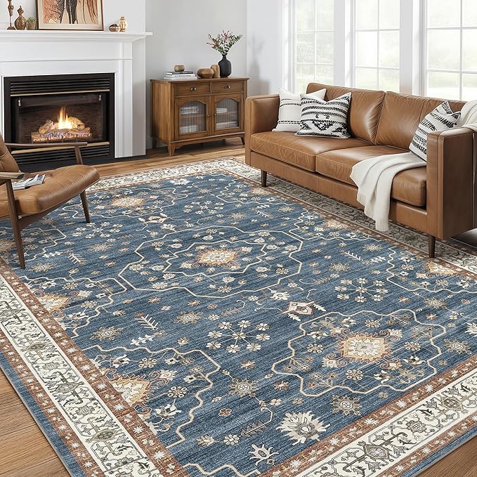 8x10 Area Rug for Living Room- Machine Washable Soft Oriental Vintage Large Indoor Floor Carpet for Bedroom Under Dining Table Home Office Decor - Dark Blue