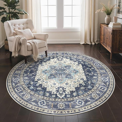 GENIMO 5FT Round Area Rugs for Living Room, Circle Rugs Machine Washable Low Pile, Chenille Non Slip Vintage Rug for Bedroom, Dining Room, Home Office, Charcoal Brown
