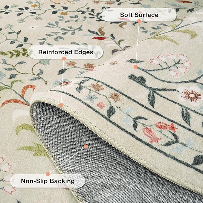 Runner Rug Washable Runners Kitchen Rugs Non Slip Neutral Floral Carpet Low Pile for Indoor Hallways Entryway Living Room Bedroom Laundry Soft Mat 2'6''x8' Beige Animal