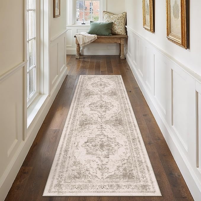 PureCozy Runner Rug 2x8 Beige Hallway Washable Carpet Non Slip Vintage Medallion Carpet Low Pile Soft Distressed Retro Indoor Long Rug for Entryway Kitchen Bathroom Laundry Bedroom