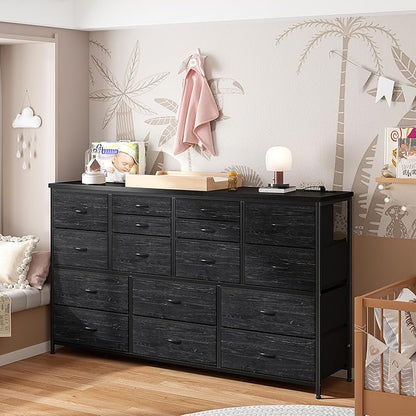 16 Drawers Long Dresser for Bedroom, 51"W Dressers with Power Outlets for 60"Inch TV for Living Room, Entertainment Center with Storage, Media TV Stand Console Table 51.1''W*11.8''D*34.8''H, Black