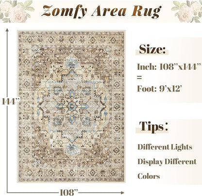 Area Rug 9x12 Vintage Rug: Large Washable Indoor Medallion Rugs Low Pile Distressed Floor Carpet Retro Accent Rug for Living Room Bedroom Kitchen Dining Table Home Office(Brown/Blue, 9'x12')