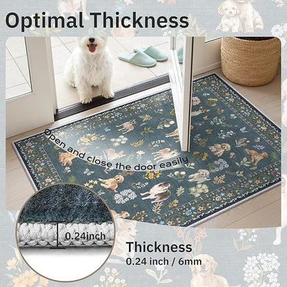 Soalmost Dog 9x12 Area Rugs for Living Room, Machine Washable Animal Floral Vintage Rug Non-Slip Low Pile Soft Throw Large Rugs for Classroom Bedroom Dining Room Nursery Playroom (9 x 12,Navy Blue)