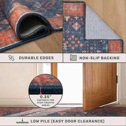 Washable Kitchen Rugs, 3x6 Area Rug for Large Entryway Indoor, Kitchen Mat, Small Rug for Living Room - Stain Resistant Non Skid Non Slip Rubber Backing, Boho Aethestic Décor (3x6 Navy Blue)