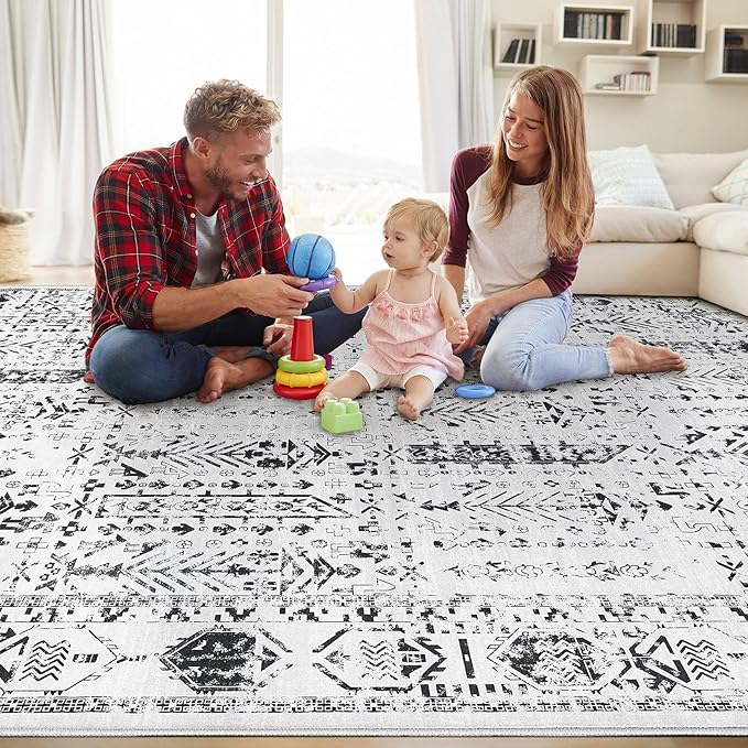 Area Rug for Living Room - 7x9 Soft Washable Oriental Vintage Floral Distressed Large Carpet - Fade Stain Resistant Non Slip Rugs for Bedroom Dining Room Nursery Dorm Office Home Decor - White Black