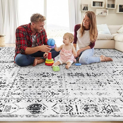 Area Rug for Living Room - 7x9 Soft Washable Oriental Vintage Floral Distressed Large Carpet - Fade Stain Resistant Non Slip Rugs for Bedroom Dining Room Nursery Dorm Office Home Decor - White Black