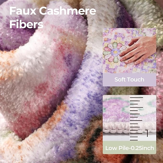 8x10 Area Rugs for Living Room, Machine Washable Low Pile Rug, Non Slip Backing Boho Rugs for Bedroom, Printed Soft Vintage Carpet Lilac Lavender Purple 8 x 10