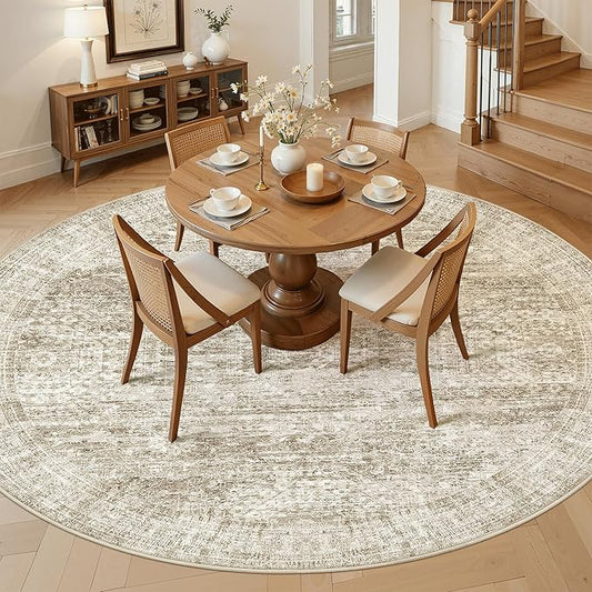 Soalmost 9x9 Brown Round Rug 9ft Living Room Circle Rug Vintage Round Area Rug Non Slip Indoor Carpet for Apartment