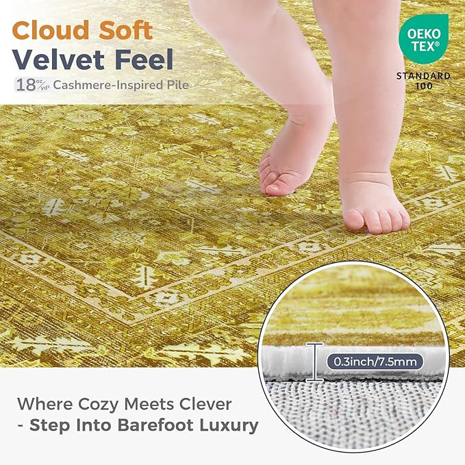 OPPODREAM Vintage Yellow Round Rug 4ft, 4 ft Retro Washable Circle Rug Non Slip, Low-Pile Faux Wool Circular Carpet, Distressed Floor Mat for Living Room, Bedroom, Office, Dorm, Dinning Room