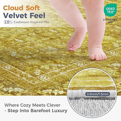 OPPODREAM Vintage Yellow Round Rug 3ft, 3 ft Retro Washable Circle Rug Non Slip, Low-Pile Faux Wool Circular Carpet, Distressed Floor Mat for Living Room, Bedroom, Office, Dorm, Dinning Room
