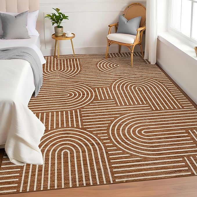 ROYHOME Washable Rug 3x5 Area Rugs for Living Room, Abstract Rug for Bedroom, Soft Rainbow Non Slip Throw Rugs with Rubber Back, Low Pile Stain Resistant Boho Geometric Carpet for Dining Room, Copper
