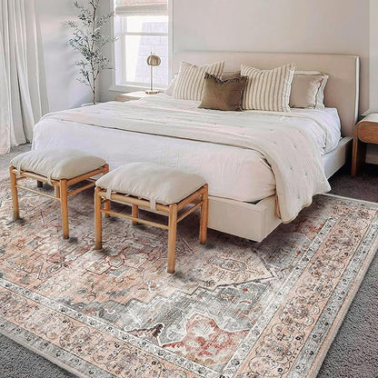 CHAMPLANT Washable Area Rug 9'x12' Light Cyan and Light red Retro Flowers Boho Design Non-Shedding Easy Care Ideal for High Traffic Areas in Living Room Bedroom Office Kitchen Large Carpet