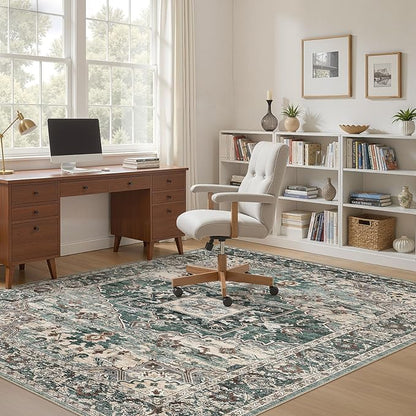 5x7 Washable Area Rugs for Living Room: Non Slip Vintage Green Rug, Large Soft Stain Resistant Indoor Floor Carpets for Bedroom Dining Room Nursery Home Office Kid & Pet Friendly