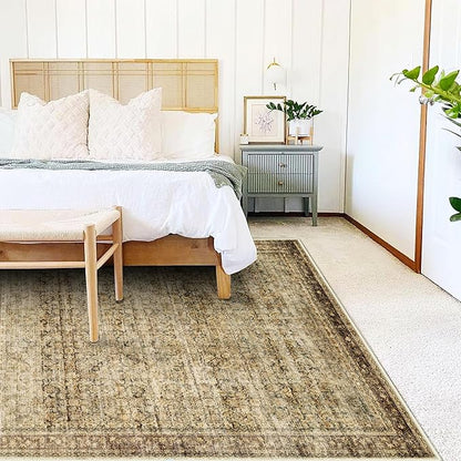 CHAMPLANT Area Rug 4x6 Washable Rug Brown Vintage Traditional Floor Cover Foldable Thin Retro Kitchen Accent Indoor Distressed Non Slip Carpet Floral Print Mat Bedroom Living Room