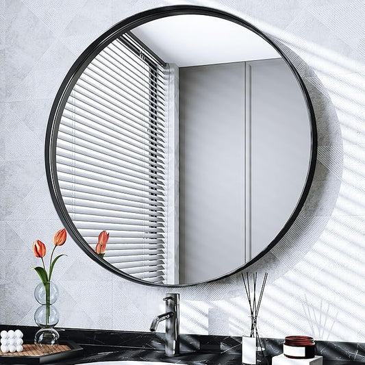 Suidia 30" x 30" Bathroom Mirror, Bathroom Vanity Mirror Metal Framed, Wall-Mounted Mirrors for Bedroom, Living Room, Entryway, Hallway, Black, Round Style