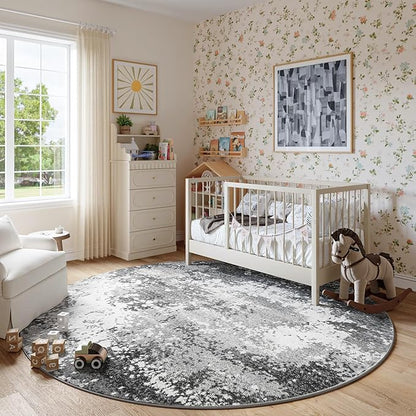 Round Area Rugs 6ft Washable Grey Circle Rug for Entryway Kitchen, Non Slip Soft Low Pile Stain Resistant, Boho Circular Carpet for Living Room Bedroom Dorm Dining Room Table, Abstract Gray