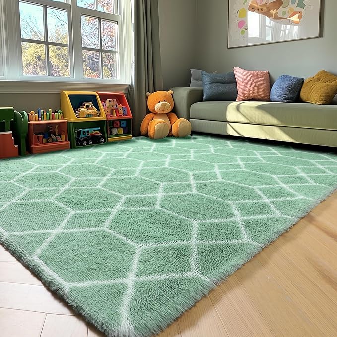 ONASAR Rugs for Living Room Bedroom, 5x8 Fluffy Sage Green and White Area Rug, Geometric Boho Soft Plush Shaggy Floor Carpets for Nursery Kids Girls Boys Teen Dorm Home Decor Aesthetic