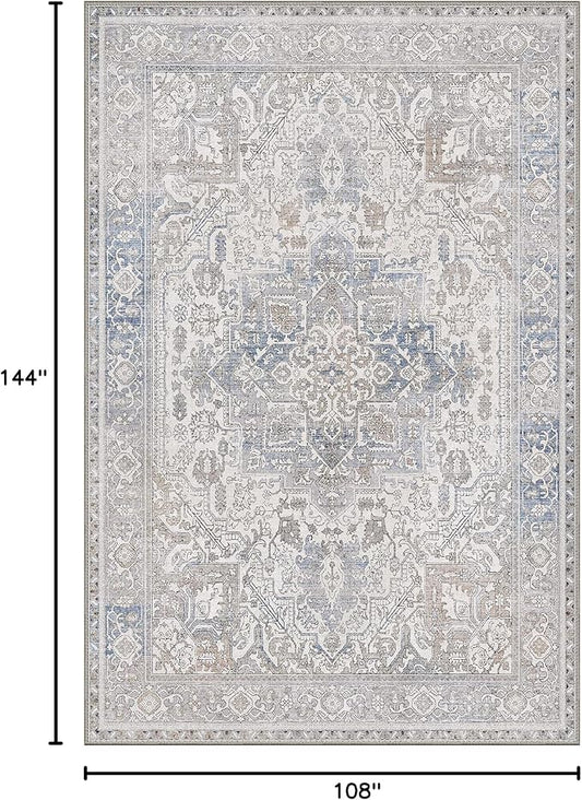 GENIMO 9x12 Area Rugs for Living Room, Machine Washable Non Slip Vintage Retro Rugs, Low Pile Lightweight Thin Print Rug for Bedroom, Dining Room, Home Office, Khaki Blue