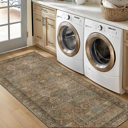 Bavni Runner Rug 2x12 Kitchen Rugs for Hallways Entryway, Washable Vintage Print Carpet, Ultra-Thin Chenille Low Pile Lightweight Rug with Non Slip Backing, Warm Taupe