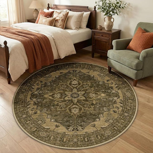 RELEANY Area Rugs Round 5ft Washable Non-Slip, Floral Vintage Distress Print Pattern Medallion Carpet for Living Room Bedroom Dining Room, Brown Dark Brown