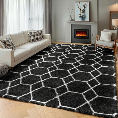 ONASAR 6x9 Area Rugs for Living Room Bedroom, Large Fluffy Black and White Throw Rug, Geometric Soft Plush Shaggy Floor Carpet for Nursery Kids Girls Boys Teen Dorm Home Decor Aesthetic