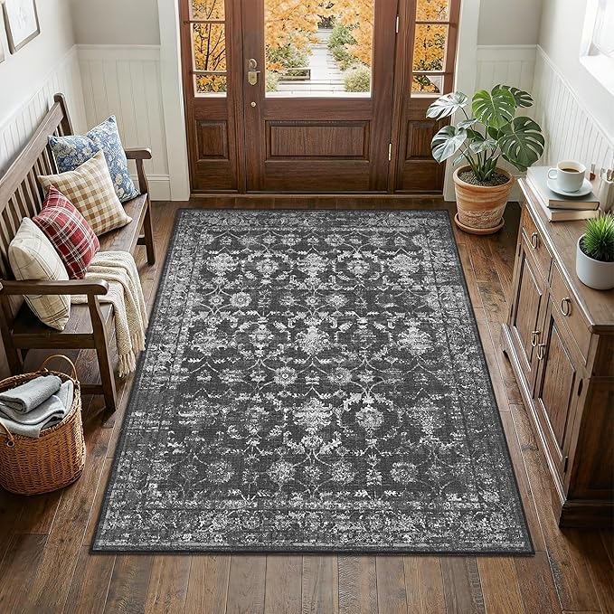 4x5 Black Washable Area Rugs for Living Room Vintage Boho Non Slip Rug Distressed Floral Carpet Indoor Retro Soft Low Pile Farmhouse Throw Rug for Bedroom Dining Room Nursery Office