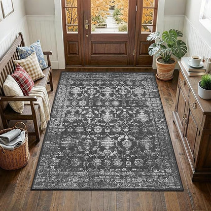 4x5 Black Washable Area Rugs for Living Room Vintage Boho Non Slip Rug Distressed Floral Carpet Indoor Retro Soft Low Pile Farmhouse Throw Rug for Bedroom Dining Room Nursery Office