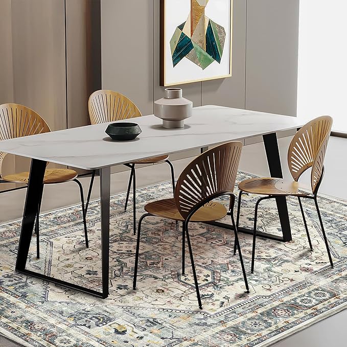 CHAMPLANT 3'x5' Cyan Khaki Vintage Washable Thin Area Rug Traditional Floor Cover Foldable Indoor Distressed Non Slip Carpet Floral Print Mat Bedroom Living Room Bathroom