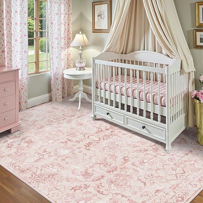 Pink Vintage Area Rug 3x5 for Living Room Bedroom, Washable Distressed Farmhouse Soft Thin Non-Shedding Indoor Throw Rug, Traditional Accent Carpet for Bedroom Office
