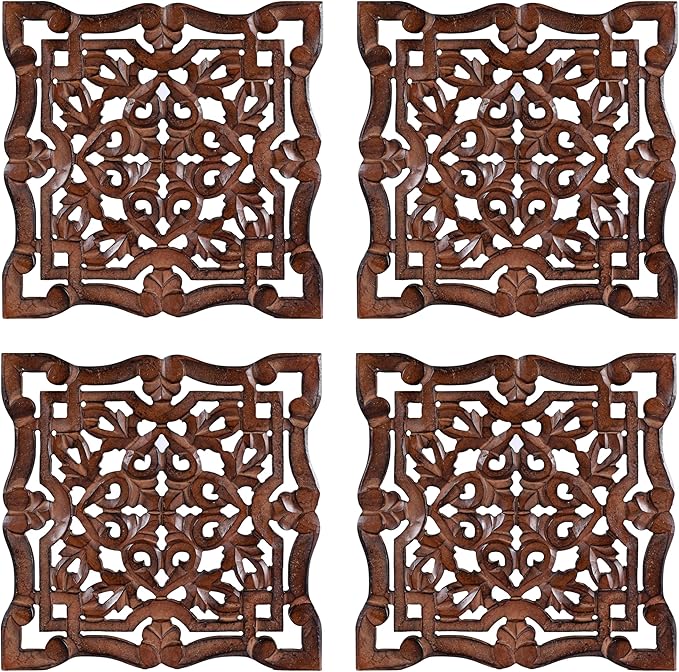 Woodify Hand-Carved Wooden Wall Décor – Set of 4, 12" x 12" Decorative Wood Panels, Floral Design, Natural Burnt Finish, Wall Art for Living Room & Home Décor
