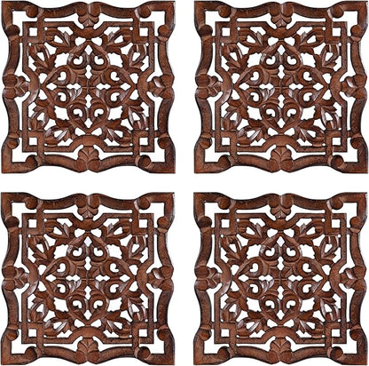 Woodify Hand-Carved Wooden Wall Décor – Set of 4, 12" x 12" Decorative Wood Panels, Floral Design, Natural Burnt Finish, Wall Art for Living Room & Home Décor