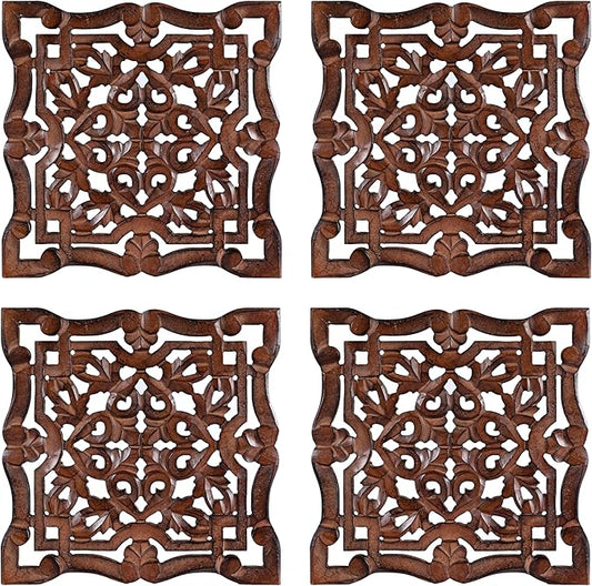 Woodify Hand-Carved Wooden Wall Décor – Set of 4, 12" x 12" Decorative Wood Panels, Floral Design, Natural Burnt Finish, Wall Art for Living Room & Home Décor