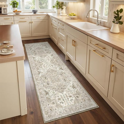 2.6x8 Washable Hallway Runner Rug - Kitchen Rugs with Non Slip Backing Vintage Soft Farmhouse Entryway Mat for Living Room Laundry Bedroom Bathroom Brown/Ivory