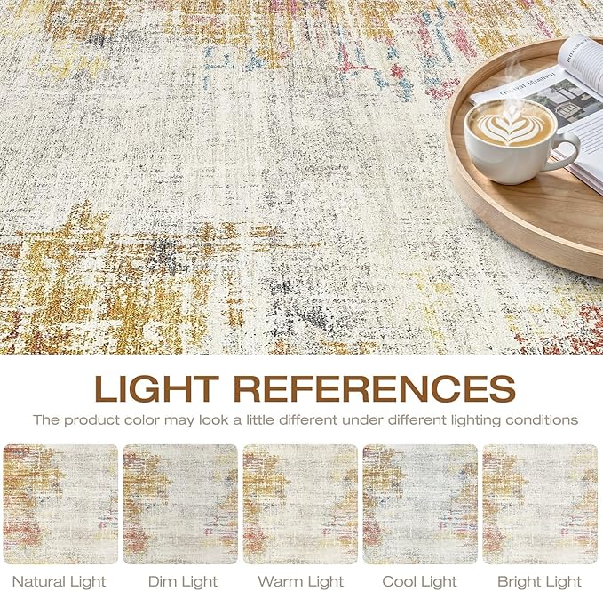 9x12 Area Rugs Living Room: Washable Large Neutral Rug Abstract Soft Modern Stain Resistant Indoor Floor Non-Slip Carpet for Bedroom Nursery Kids Classroom Playroom Dining Room Office- Gold Colorful
