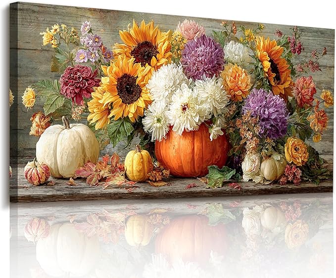 imjiayu Floral Wall Art, Oversized Wall Art, Large Wall Decor, Sunflower Dahlia Painting Art Prints, Autumn Pumpkins Harvest Rustic Pictures for Living Room Dining Room Farmhouse Decorations 29"x57"