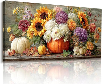 imjiayu Large Wall Art, Floral Wall Art, Rustic Wall Decor, Still Life Flowers Painting Prints, Autumn Pumpkins Vintage Canvas Pictures for Living Room Bedroom Kitchen Dining Room Farmhouse 24"x48"