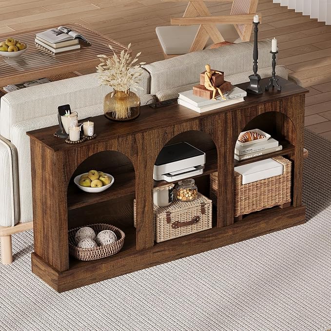 63" Arched TV Stand with Power Outlets, Console Table with Charging Station for Entryway Living Room, 3-Tier Modern Entertainment Center for 65 70 Inch TV, Media Console with Open Shelves, Brown