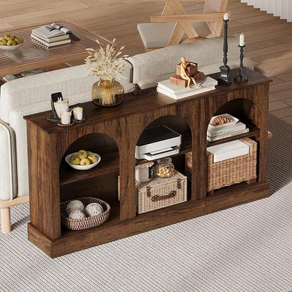 63" Arched TV Stand with Power Outlets, Console Table with Charging Station for Entryway Living Room, 3-Tier Modern Entertainment Center for 65 70 Inch TV, Media Console with Open Shelves, Brown