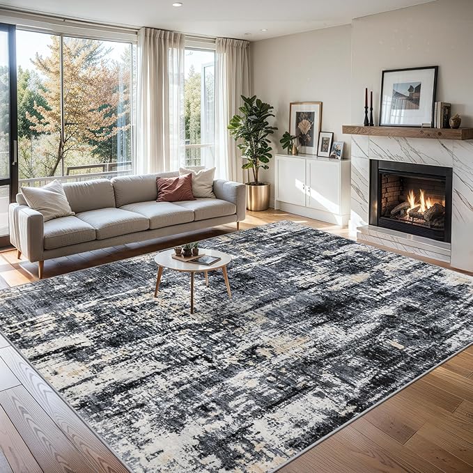 Area Rugs 9x12 Living Room - Washable Rug Modern Abstract Soft Large Neutral Non-Slip Carpet Indoor Floor Thin Carpets for Bedroom Dining Room Farmhouse Nursery Home Office Black Gold