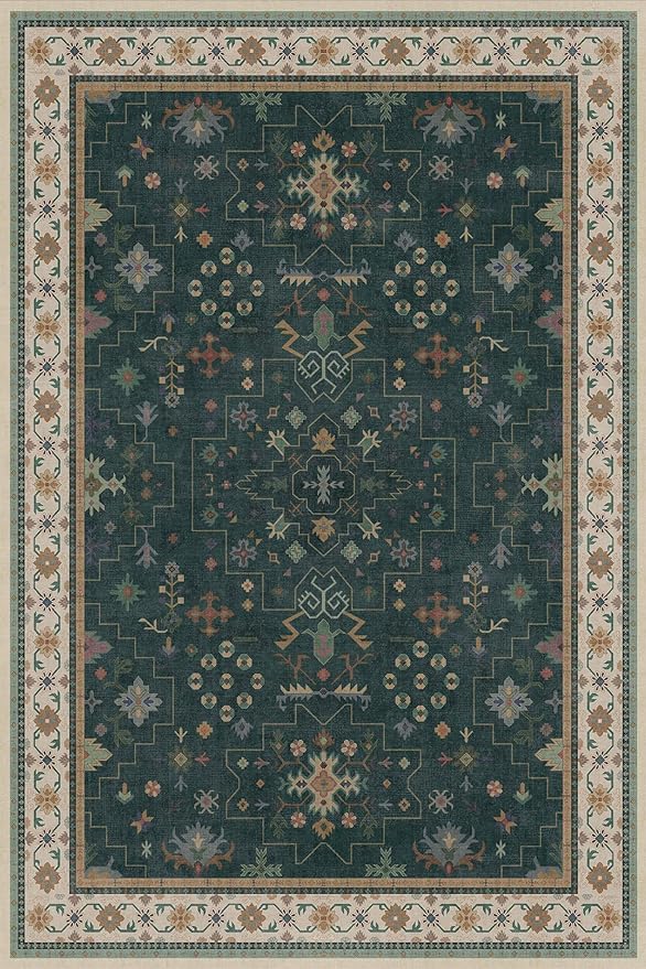 Hazo Haus Vintage 8x12 Large Area Rugs for Living Room - Oriental Dark Green Rug for Bedroom Under Bed, Washable Soft Dining Room Rug Under Kitchen Table, Low Pile Non Slip Unique Indoor Décor