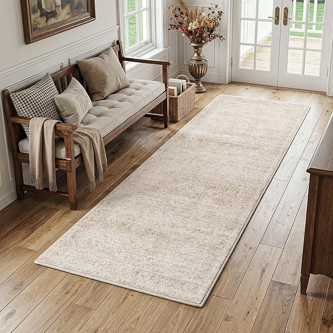 FMFUNCTEX 3x8 Hallway Runner Rug Beige Vintage Neutral Washable Distressed Non Slip Low Pile Indoor Carpet Soft Retro Entryway Rug for Kitchen Bathroom Laundry Entrance Living Room Bedroom Bedside