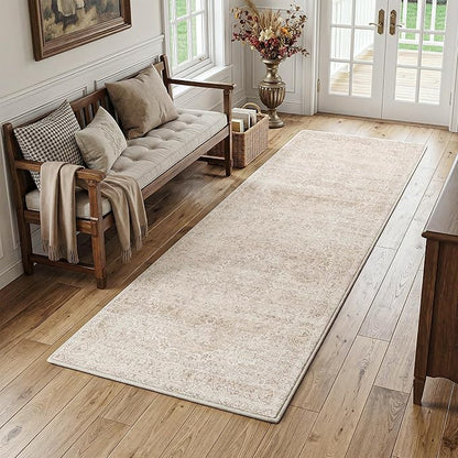 FMFUNCTEX 3x8 Hallway Runner Rug Beige Vintage Neutral Washable Distressed Non Slip Low Pile Indoor Carpet Soft Retro Entryway Rug for Kitchen Bathroom Laundry Entrance Living Room Bedroom Bedside