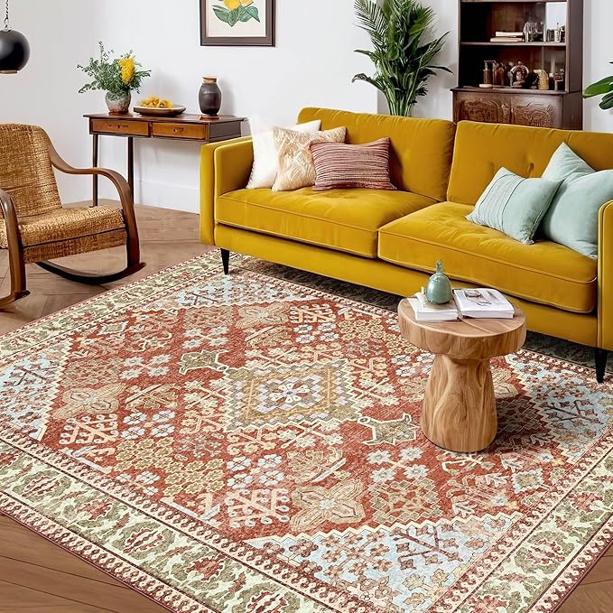 Kokia 8x10 Area Rugs for Living Room, Machine Washable Low Pile Rug, Non Slip Backing Boho Rugs for Bedroom, Printed Soft Vintage Carpet Orange 8 x 10